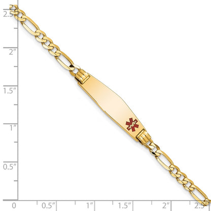 14K Yellow Gold Medical Solid Chain/Solid Plate 26X7mm Soft Diamond Shape Off Center Red Enamel Figaro Link 8 Inch Id Bracelet