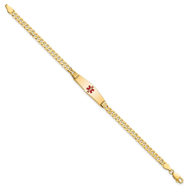 14K Yellow Gold Medical Solid Chain/Solid Plate 24X7mm Soft Diamond Shape Centered Red Enamel Curb Link 8 Inch Id Bracelet