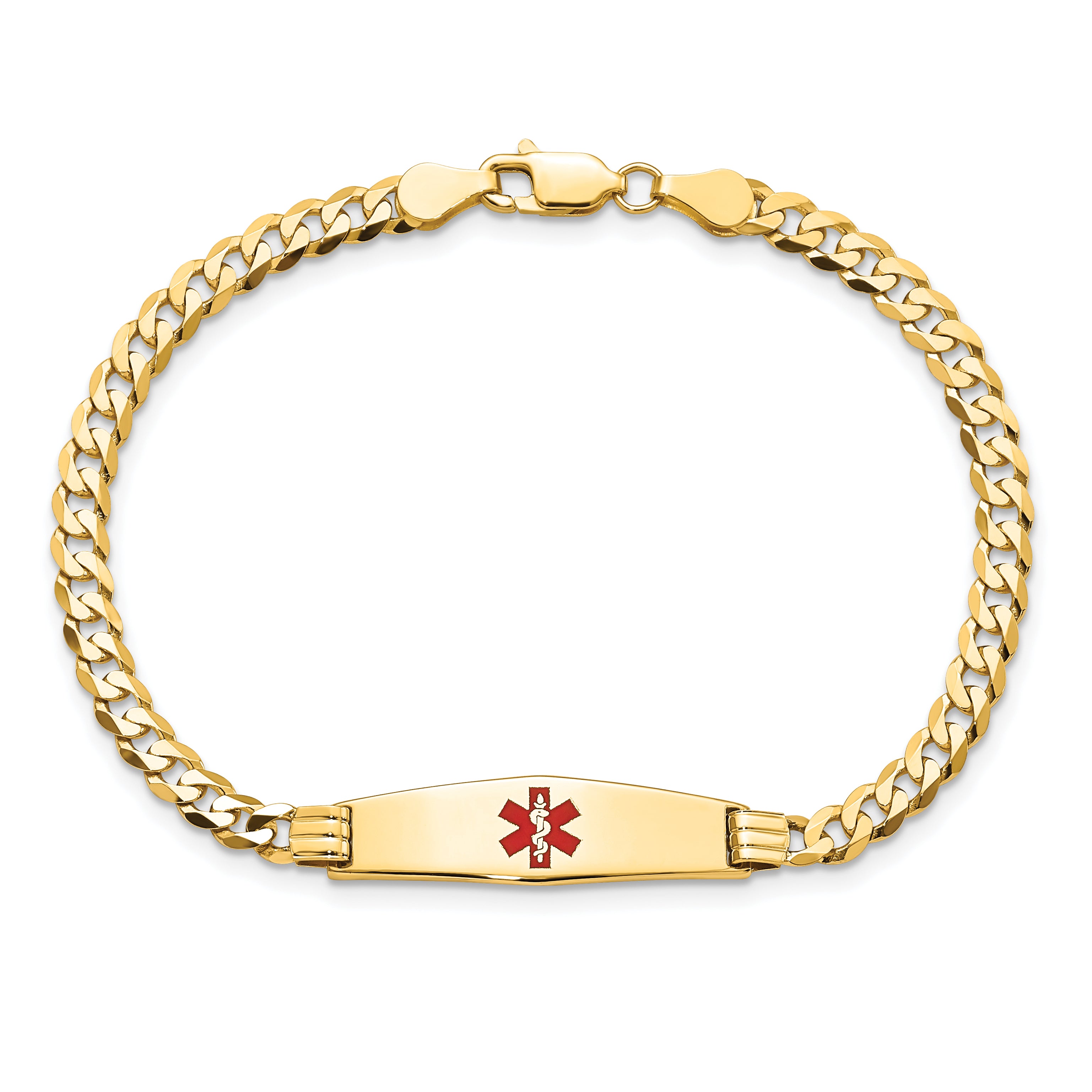 14K Yellow Gold Medical Solid Chain/Solid Plate 24X7mm Soft Diamond Shape Centered Red Enamel Curb Link 7 Inch Id Bracelet