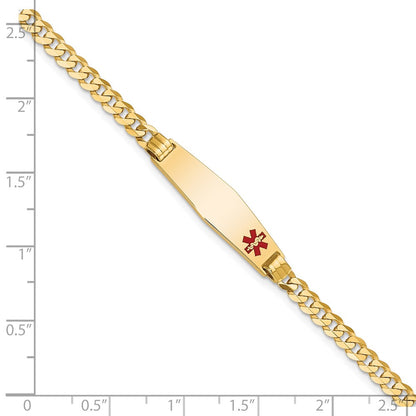14K Yellow Gold Medical Solid Chain/Solid Plate 26X7mm Soft Diamond Shape Off Center Red Enamel Curb Link 8 Inch Id Bracelet