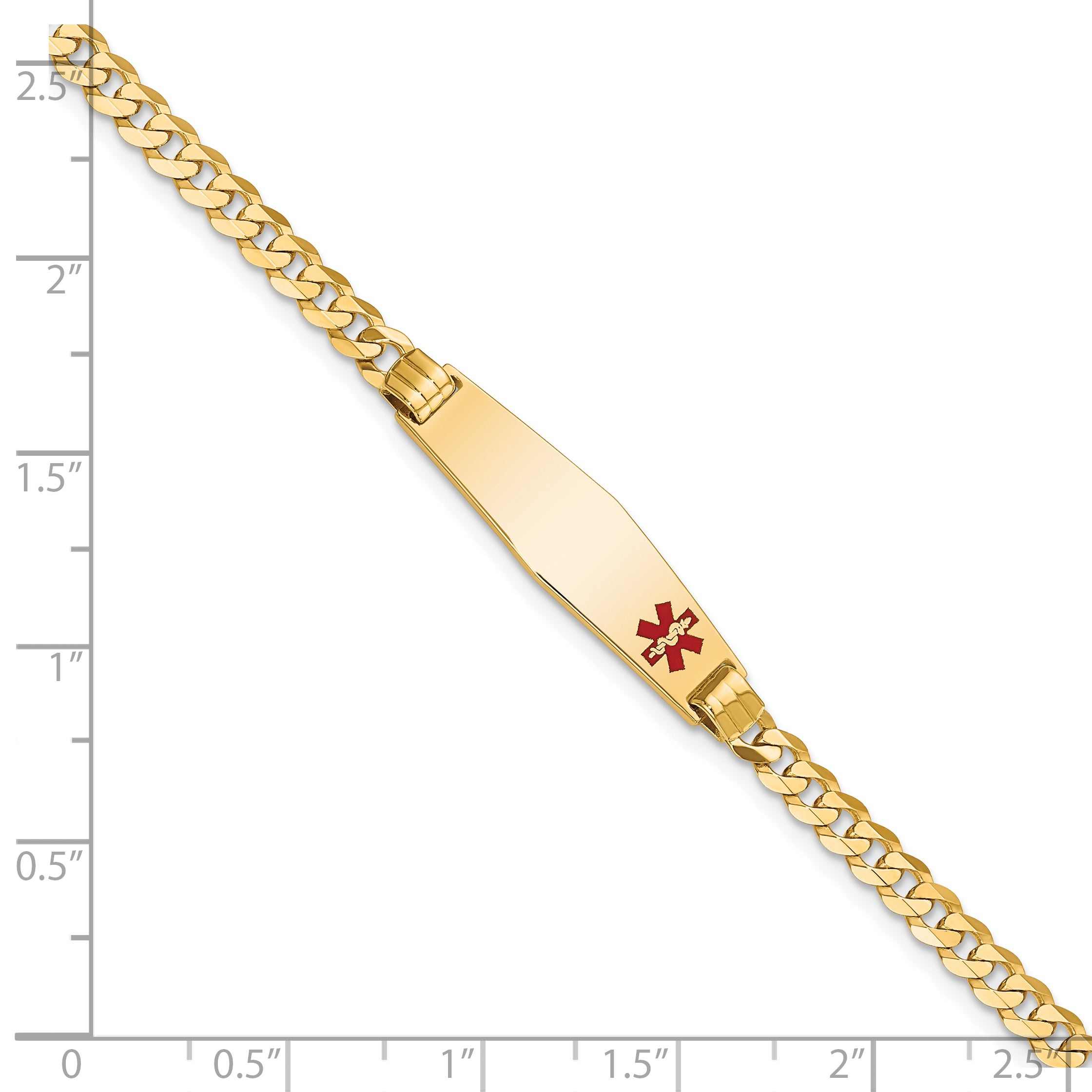 14K Yellow Gold Medical Solid Chain/Solid Plate 26X7mm Soft Diamond Shape Off Center Red Enamel Curb Link 7 Inch Id Bracelet