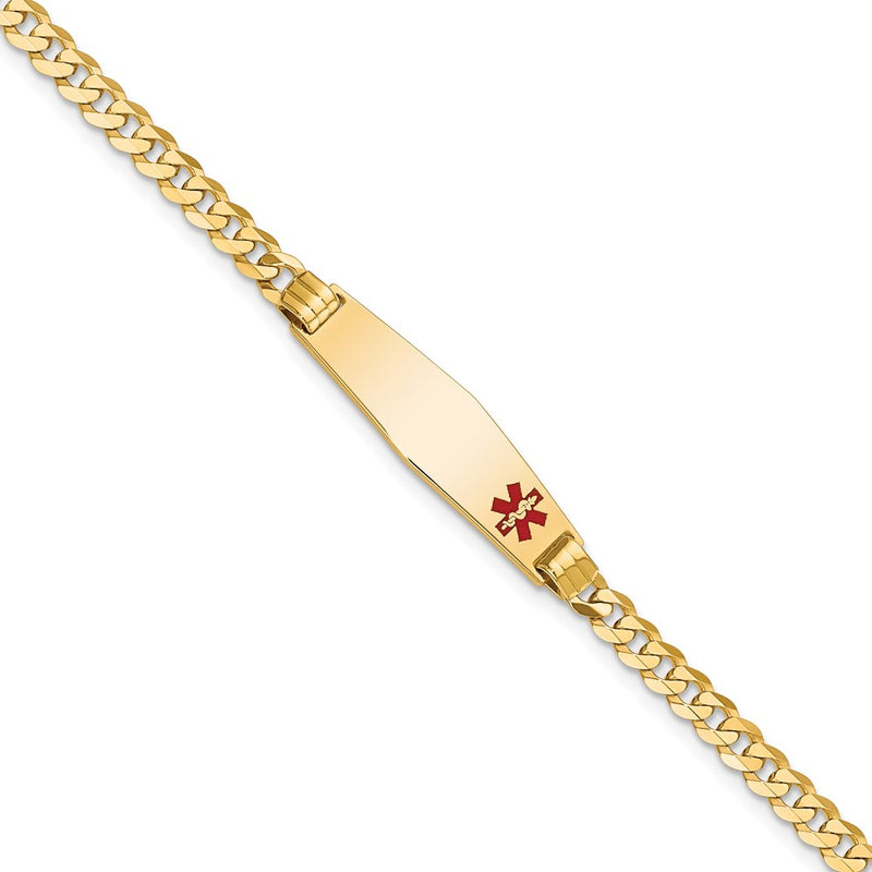 14K Yellow Gold Medical Solid Chain/Solid Plate 26X7mm Soft Diamond Shape Off Center Red Enamel Curb Link 8 Inch Id Bracelet