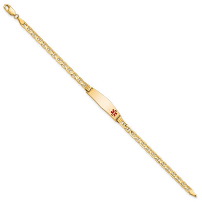 14K Yellow Gold Medical Solid Chain/Solid Plate 26X7mm Soft Diamond Shape Off Center Red Enamel Anchor Link 7 Inch Id Bracelet