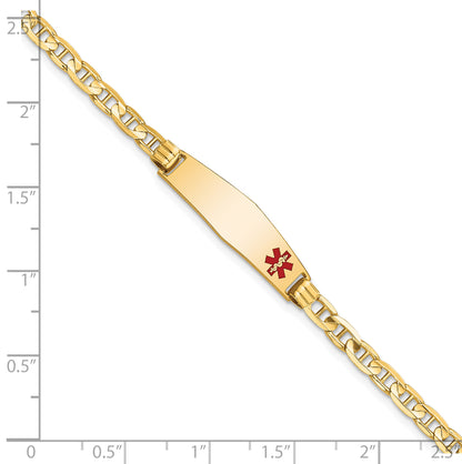 14K Yellow Gold Medical Solid Chain/Solid Plate 26X7mm Soft Diamond Shape Off Center Red Enamel Anchor Link 7 Inch Id Bracelet