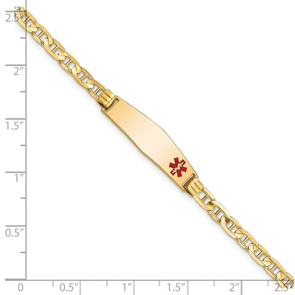 14K Yellow Gold Medical Solid Chain/Solid Plate 26X7mm Soft Diamond Shape Off Center Red Enamel Anchor Link 8 Inch Id Bracelet