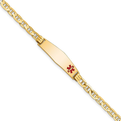 14K Yellow Gold Medical Solid Chain/Solid Plate 26X7mm Soft Diamond Shape Off Center Red Enamel Anchor Link 8 Inch Id Bracelet
