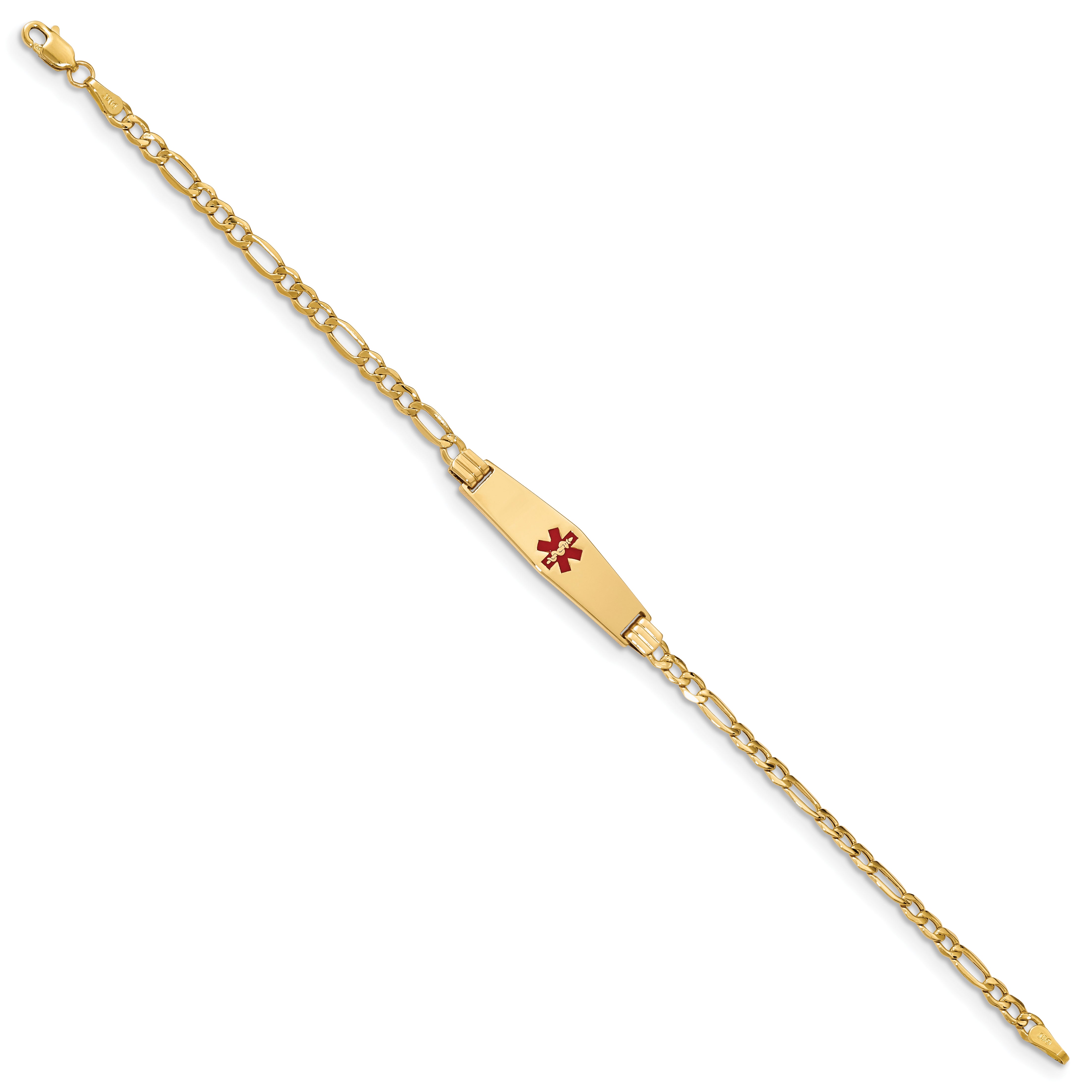 14K Yellow Gold Medical Semi Solid Chain/Solid Plate 26X7mm Soft Diamond Shape Centered Red Enamel Figaro Link 7 Inch Id Bracelet