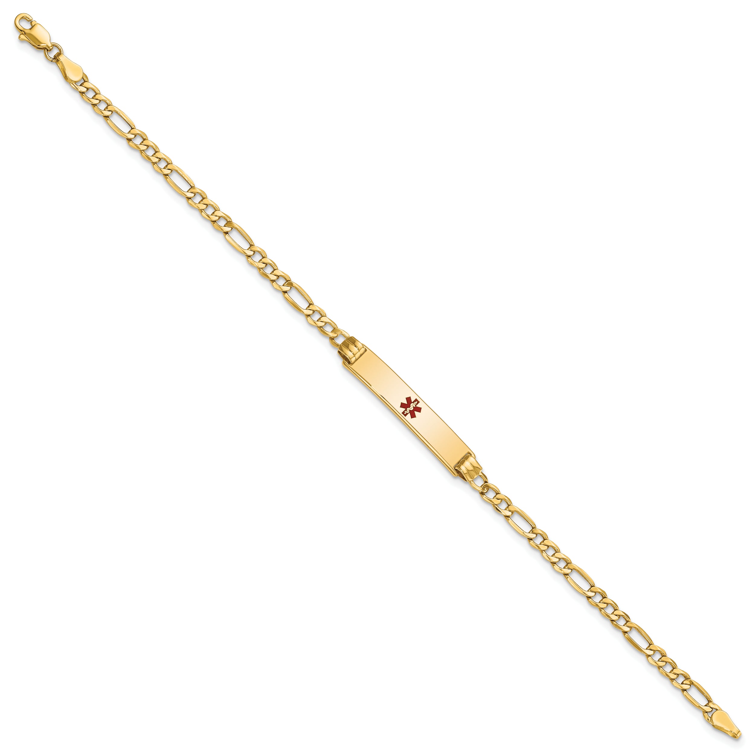 14K Yellow Gold Medical Semi Solid Chain/Solid Plate 26X5mm Centered Red Enamel Figaro Link 7 Inch Id Bracelet