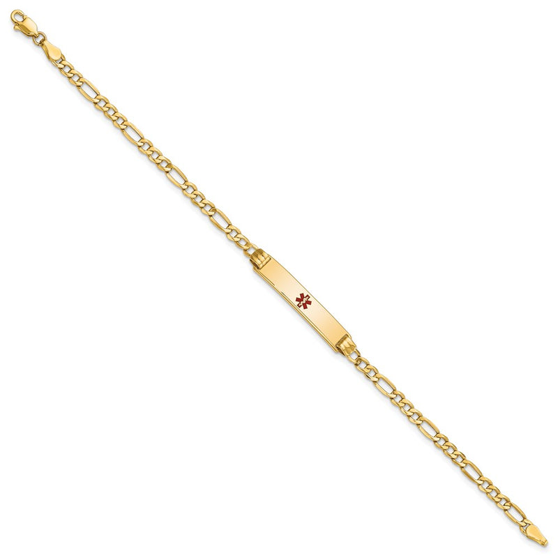 14K Yellow Gold Medical Semi Solid Chain/Solid Plate 26X5mm Centered Red Enamel Figaro Link 7 Inch Id Bracelet