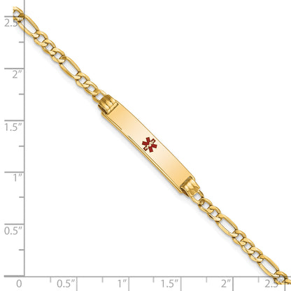 14K Yellow Gold Medical Semi Solid Chain/Solid Plate 26X5mm Centered Red Enamel Figaro Link 7 Inch Id Bracelet