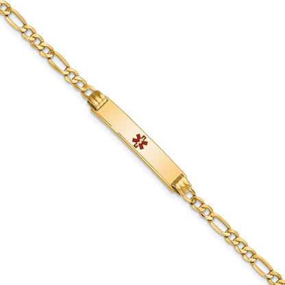 14K Yellow Gold Medical Semi Solid Chain/Solid Plate 26X5mm Centered Red Enamel Figaro Link 7 Inch Id Bracelet