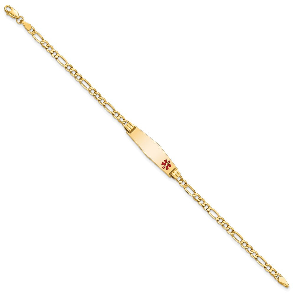 14K Yellow Gold Medical Semi Solid Chain/Solid Plate 26X7mm Soft Diamond Shape Off Center Red Enamel Figaro Link 8 Inch Id Bracelet
