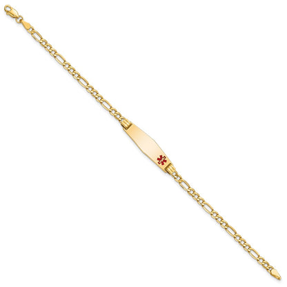 14K Yellow Gold Medical Semi Solid Chain/Solid Plate 26X7mm Soft Diamond Shape Off Center Red Enamel Figaro Link 8 Inch Id Bracelet