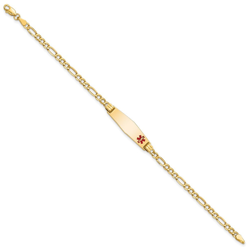 14K Yellow Gold Medical Semi Solid Chain/Solid Plate 26X7mm Soft Diamond Shape Off Center Red Enamel Figaro Link 8 Inch Id Bracelet