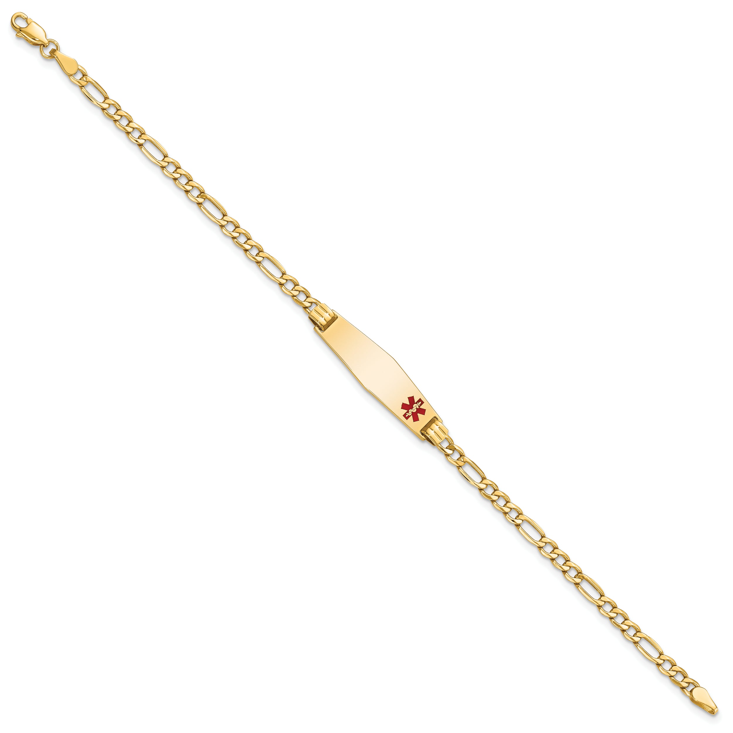 14K Yellow Gold Medical Semi Solid Chain/Solid Plate 26X7mm Soft Diamond Shape Off Center Red Enamel Figaro Link 7 Inch Id Bracelet