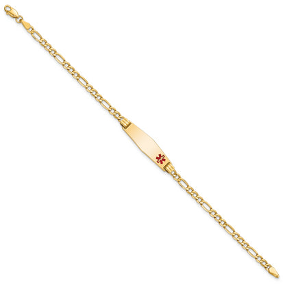 14K Yellow Gold Medical Semi Solid Chain/Solid Plate 26X7mm Soft Diamond Shape Off Center Red Enamel Figaro Link 7 Inch Id Bracelet