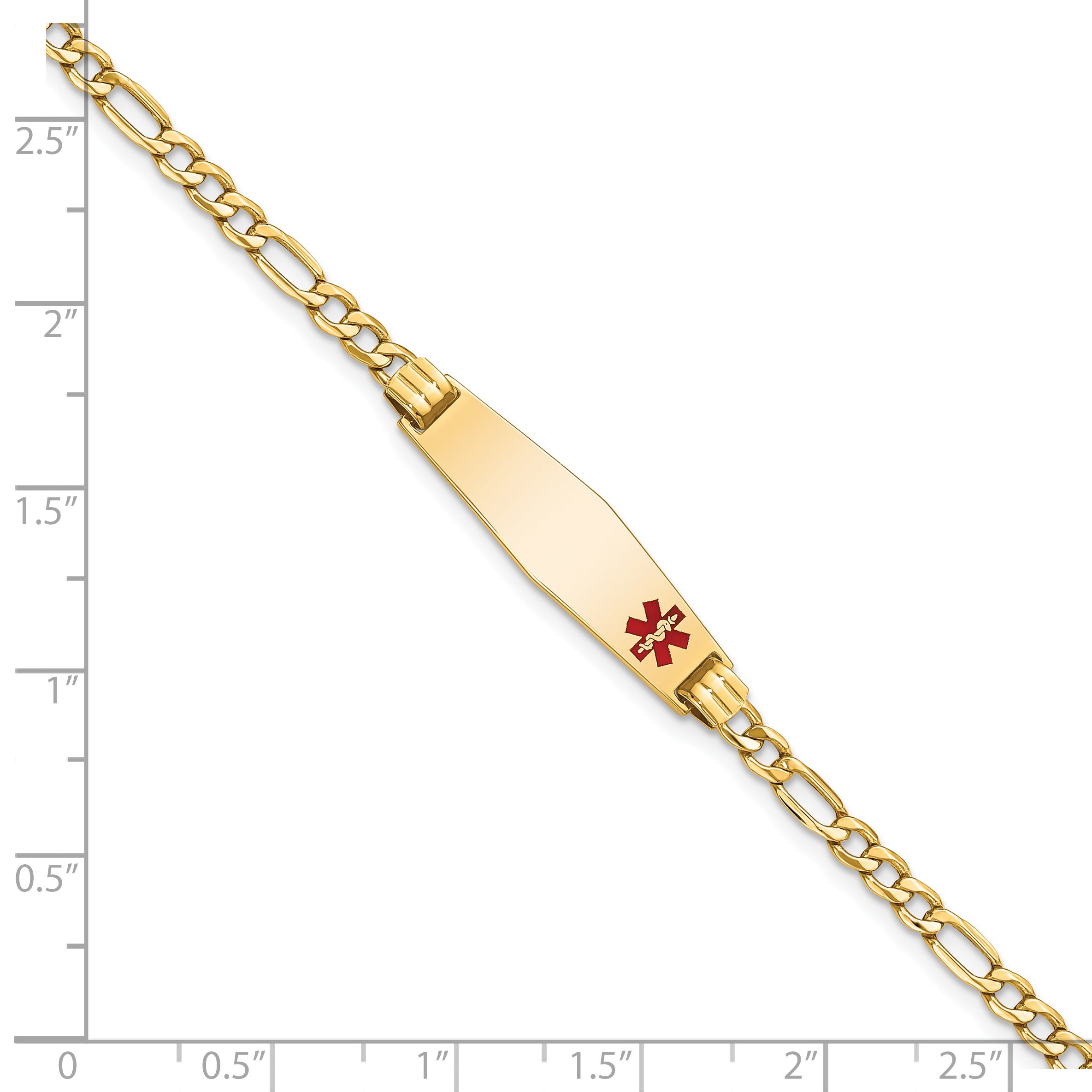 14K Yellow Gold Medical Semi Solid Chain/Solid Plate 26X7mm Soft Diamond Shape Off Center Red Enamel Figaro Link 7 Inch Id Bracelet