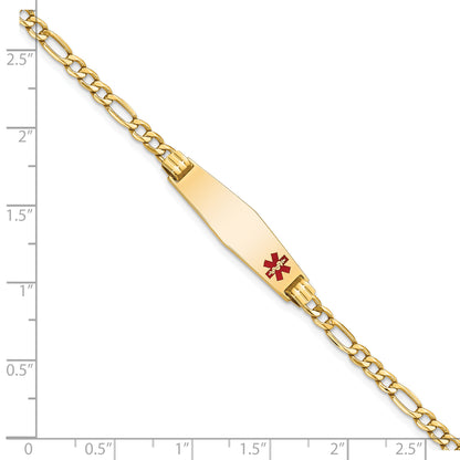 14K Yellow Gold Medical Semi Solid Chain/Solid Plate 26X7mm Soft Diamond Shape Off Center Red Enamel Figaro Link 7 Inch Id Bracelet