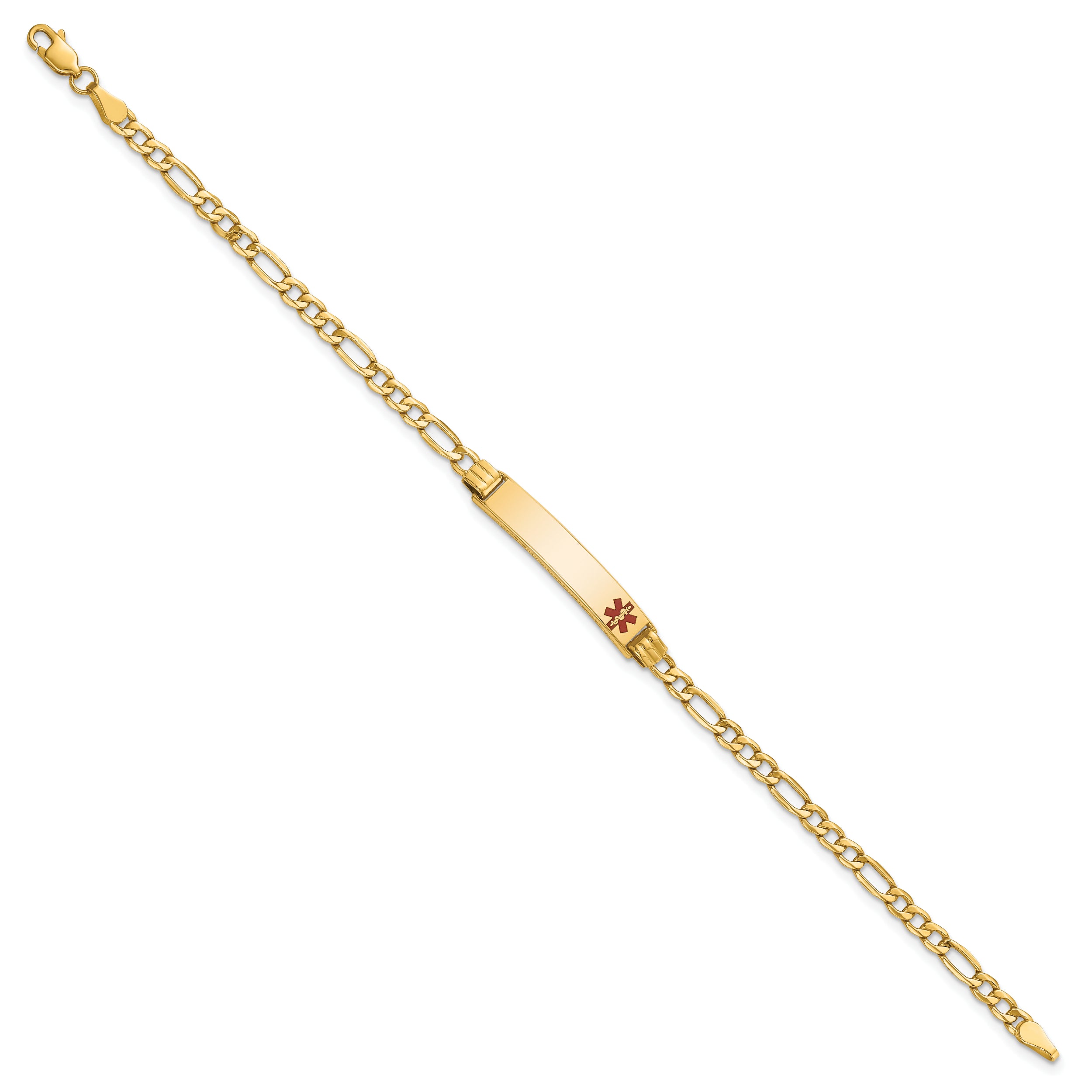 14K Yellow Gold Medical Semi Solid Chain/Solid Plate 26X5mm Off Center Red Enamel Figaro Link 7 Inch Id Bracelet