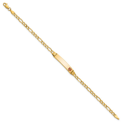 14K Yellow Gold Medical Semi Solid Chain/Solid Plate 26X5mm Off Center Red Enamel Figaro Link 7 Inch Id Bracelet