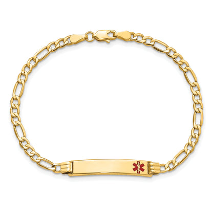 14K Yellow Gold Medical Semi Solid Chain/Solid Plate 26X5mm Off Center Red Enamel Figaro Link 7 Inch Id Bracelet