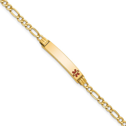 14K Yellow Gold Medical Semi Solid Chain/Solid Plate 26X5mm Off Center Red Enamel Figaro Link 8 Inch Id Bracelet