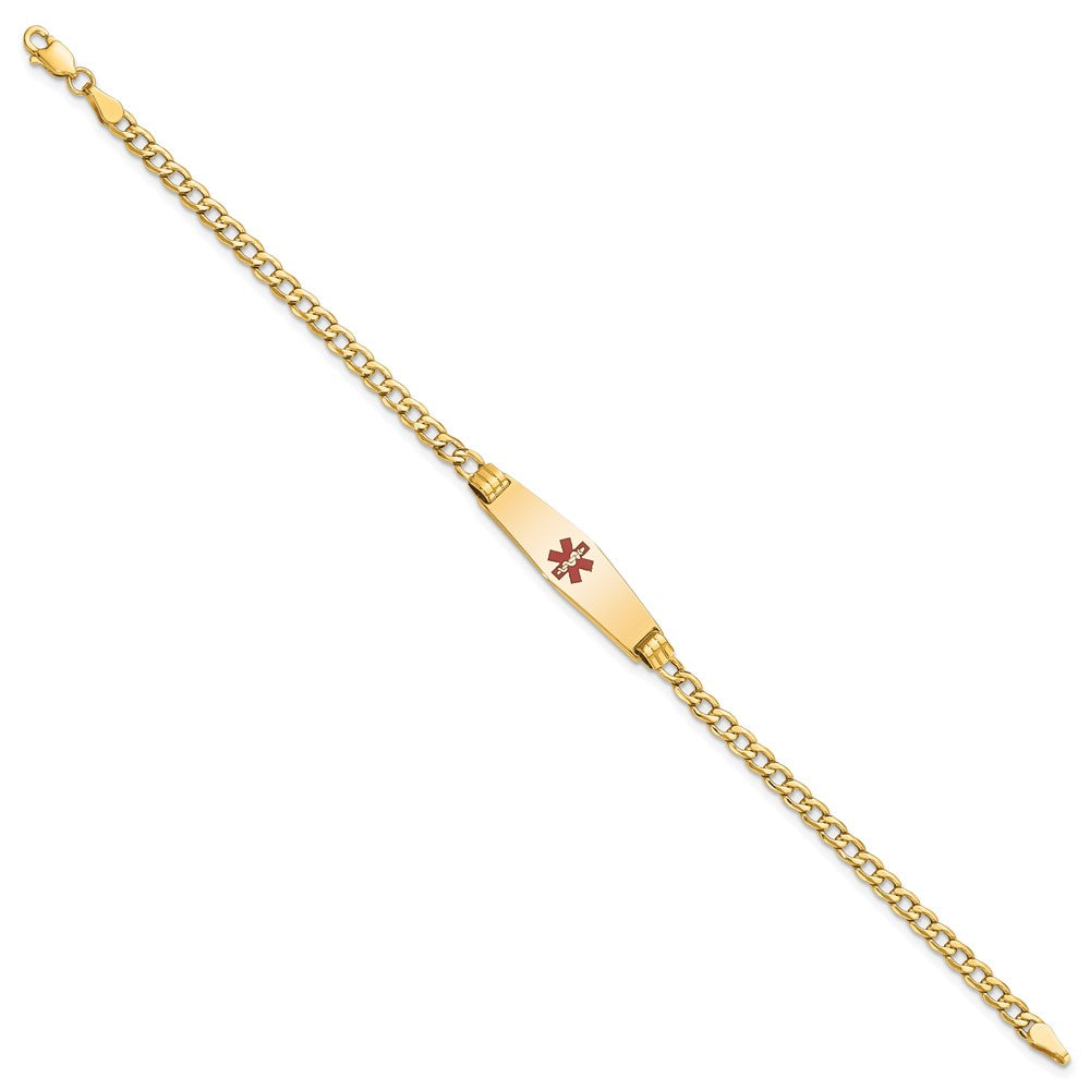 14K Yellow Gold Medical Semi Solid Chain/Solid Plate 26X7mm Soft Diamond Shape Centered Red Enamel Cuban Link 8 Inch Id Bracelet