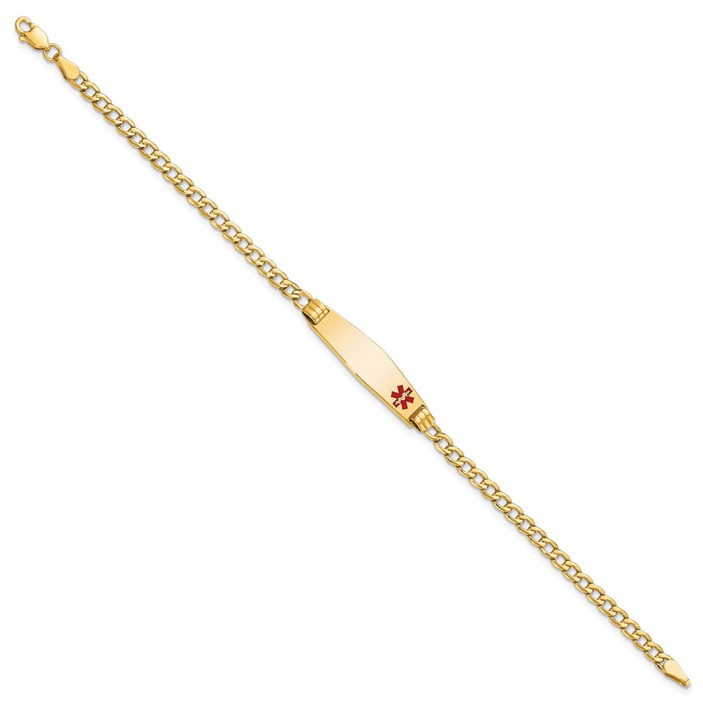 14K Yellow Gold Medical Semi Solid Chain/Solid Plate 26X7mm Soft Diamond Shape Off Center Red Enamel Cuban Link 7 Inch Id Bracelet