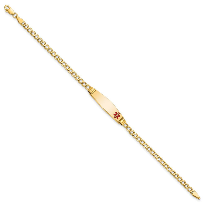 14K Yellow Gold Medical Semi Solid Chain/Solid Plate 26X7mm Soft Diamond Shape Off Center Red Enamel Cuban Link 7 Inch Id Bracelet
