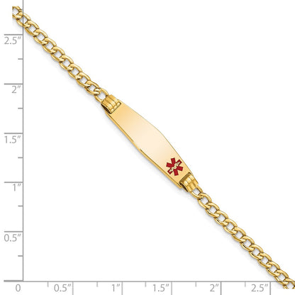 14K Yellow Gold Medical Semi Solid Chain/Solid Plate 26X7mm Soft Diamond Shape Off Center Red Enamel Cuban Link 7 Inch Id Bracelet