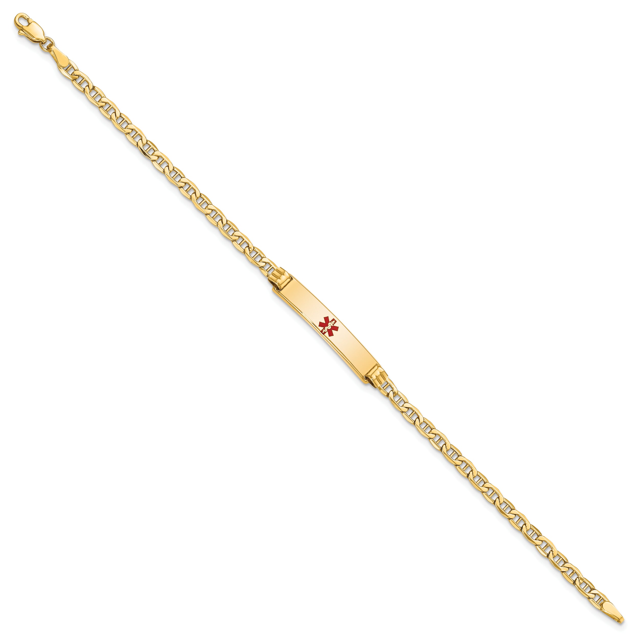 14K Yellow Gold Medical Semi Solid Chain/Solid Plate 26X5mm Centered Red Enamel Anchor Link 7 Inch Id Bracelet