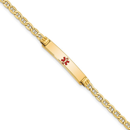 14K Yellow Gold Medical Semi Solid Chain/Solid Plate 26X5mm Centered Red Enamel Anchor Link 8 Inch Id Bracelet