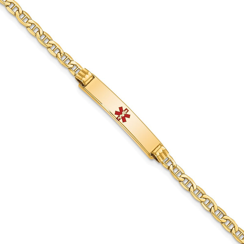 14K Yellow Gold Medical Semi Solid Chain/Solid Plate 26X5mm Centered Red Enamel Anchor Link 8 Inch Id Bracelet