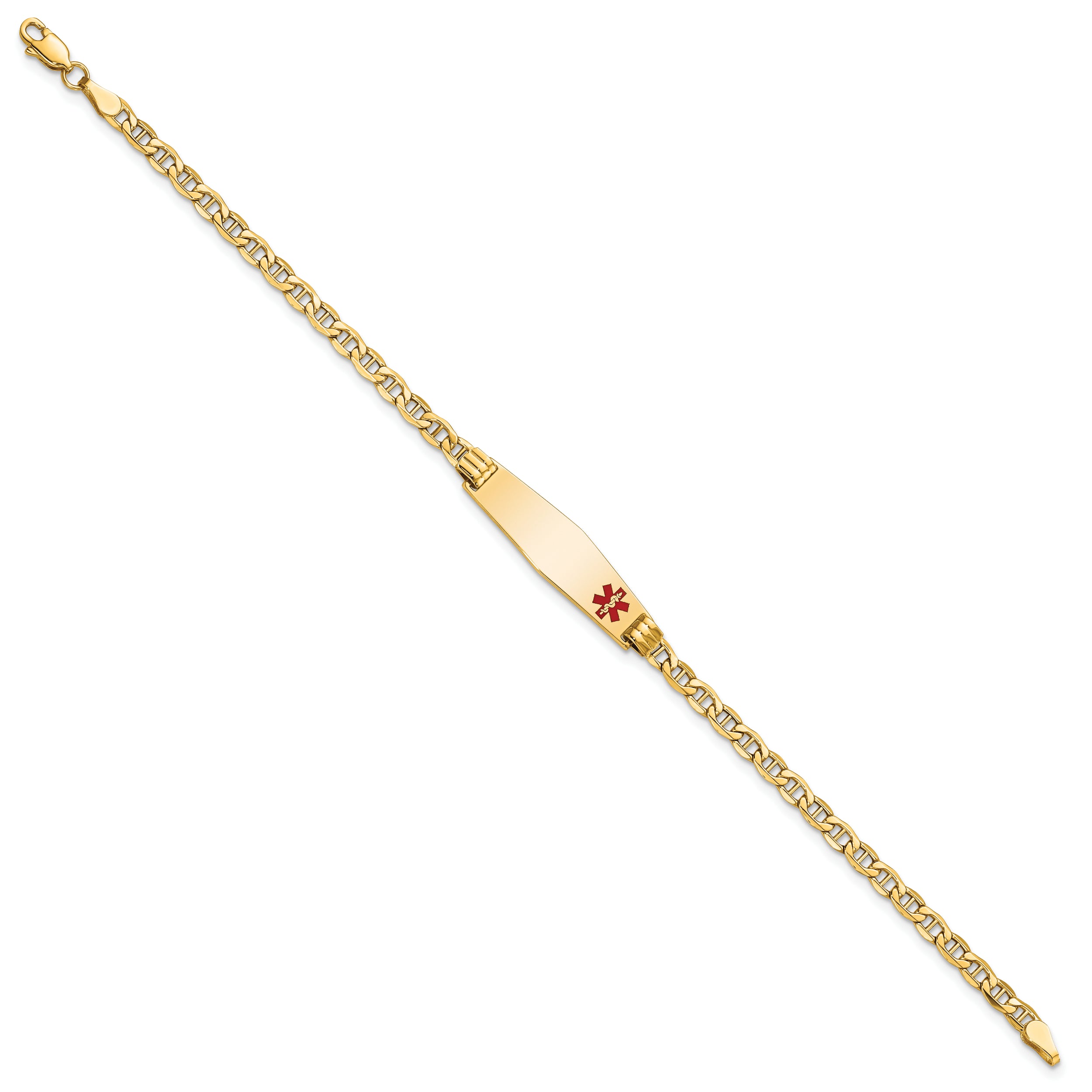 14K Yellow Gold Medical Semi Solid Chain/Solid Plate 26X7mm Soft Diamond Shape Off Center Red Enamel Anchor Link 7 Inch Id Bracelet
