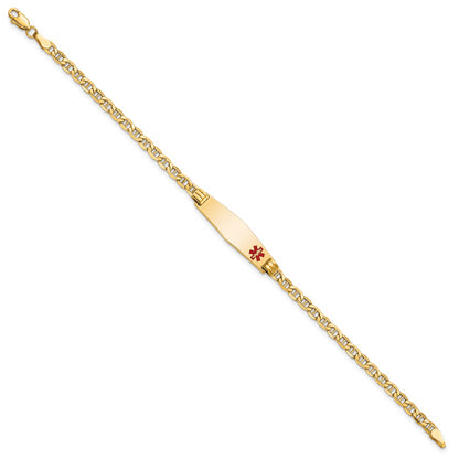 14K Yellow Gold Medical Semi Solid Chain/Solid Plate 26X7mm Soft Diamond Shape Off Center Red Enamel Anchor Link 7 Inch Id Bracelet