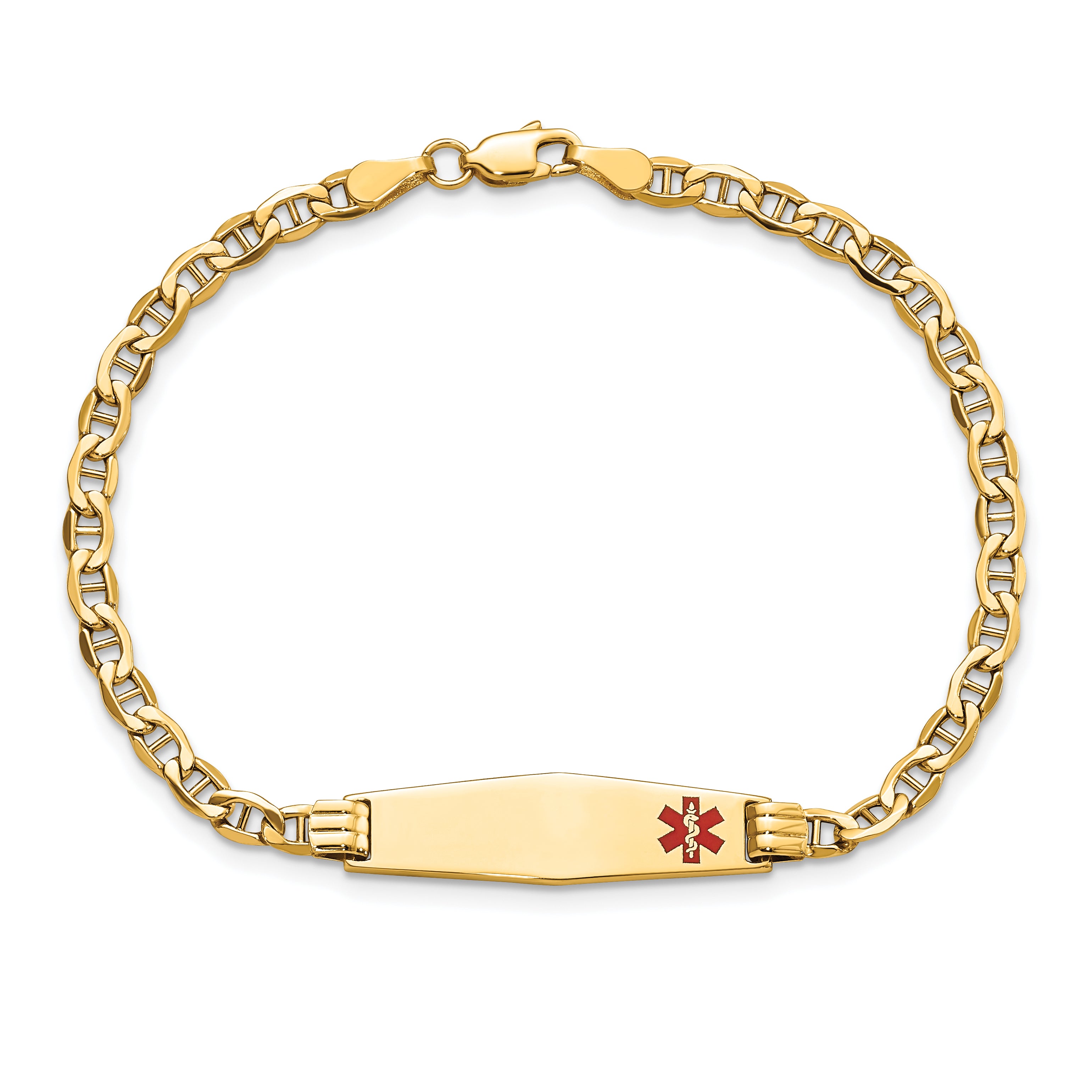 14K Yellow Gold Medical Semi Solid Chain/Solid Plate 26X7mm Soft Diamond Shape Off Center Red Enamel Anchor Link 7 Inch Id Bracelet