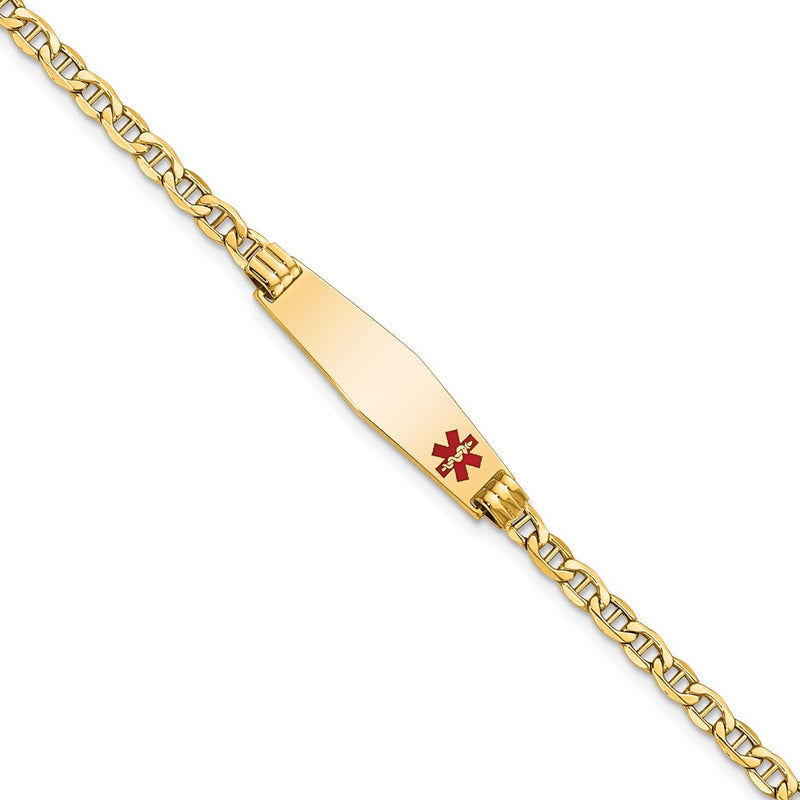 14K Yellow Gold Medical Semi Solid Chain/Solid Plate 26X7mm Soft Diamond Shape Off Center Red Enamel Anchor Link 8 Inch Id Bracelet