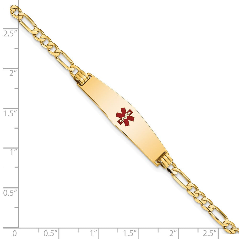 14K Yellow Gold Medical Solid Chain/Solid Plate Soft Diamond Shape 33X8mm Centered Red Enamel Flat Figaro Link 7 Inch Id Bracelet