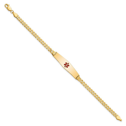 14K Yellow Gold Medical Solid Chain/Solid Plate Soft Diamond Shape 33X8mm Centered Red Enamel Flat Curb Link 8 Inch Id Bracelet