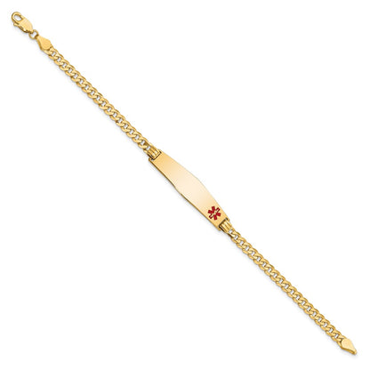 14K Yellow Gold Medical Solid Chain/Solid Plate Soft Diamond Shape 33X8mm Off Center Red Enamel Flat Curb Link 7 Inch Id Bracelet