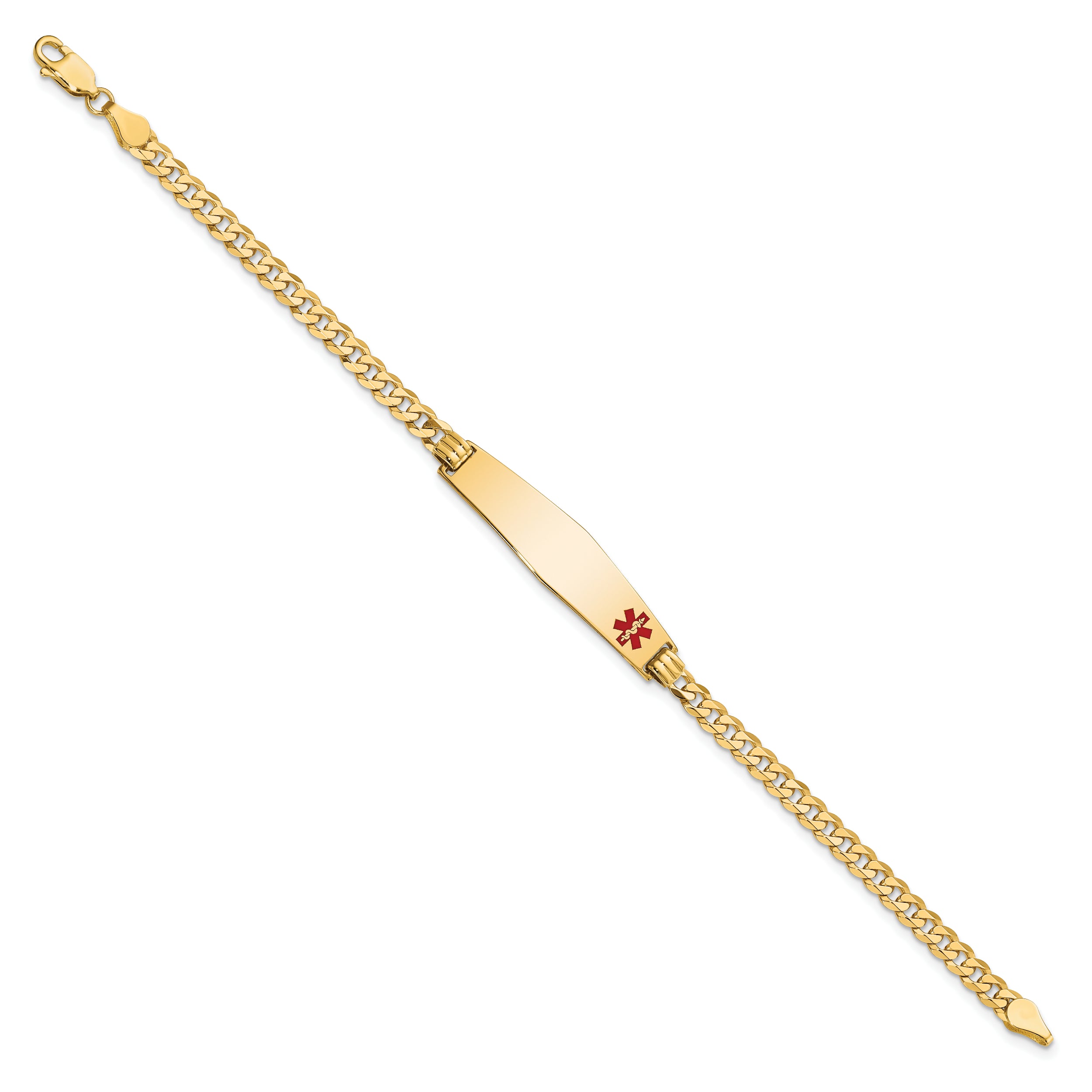 14K Yellow Gold Medical Solid Chain/Solid Plate Soft Diamond Shape 33X8mm Off Center Red Enamel Flat Curb Link 7 Inch Id Bracelet