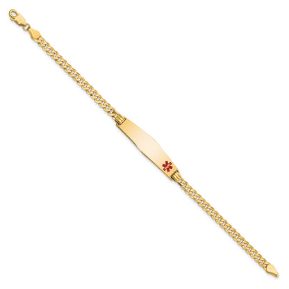 14K Yellow Gold Medical Solid Chain/Solid Plate Soft Diamond Shape 33X8mm Off Center Red Enamel Flat Curb Link 7 Inch Id Bracelet