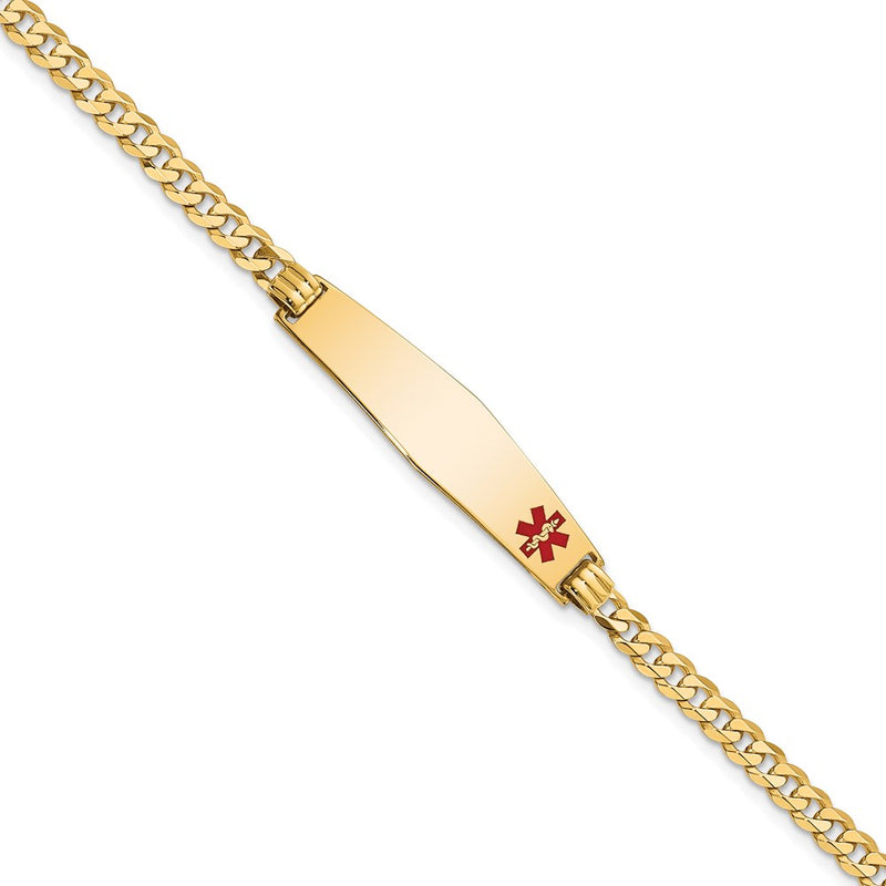 14K Yellow Gold Medical Solid Chain/Solid Plate Soft Diamond Shape 33X8mm Off Center Red Enamel Flat Curb Link 7 Inch Id Bracelet
