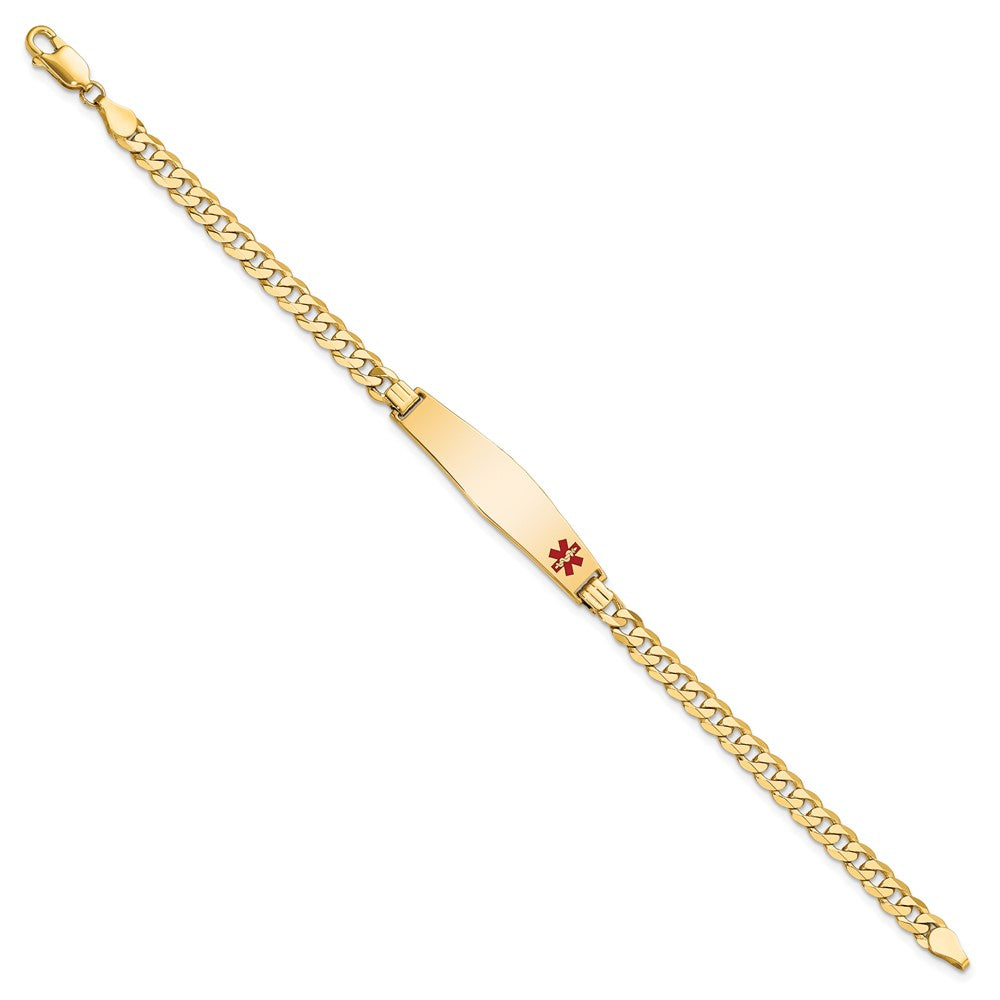 14K Yellow Gold Medical Solid Chain/Solid Plate Soft Diamond Shape 33X8mm Off Center Red Enamel Flat Curb Link 8 Inch Id Bracelet