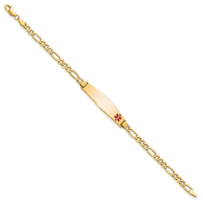 14K Yellow Gold Medical Semi Solid Chain/Solid Plate Soft Diamond Shape 34X8mm Off Center Red Enamel Figaro Link 7 Inch Id Bracelet