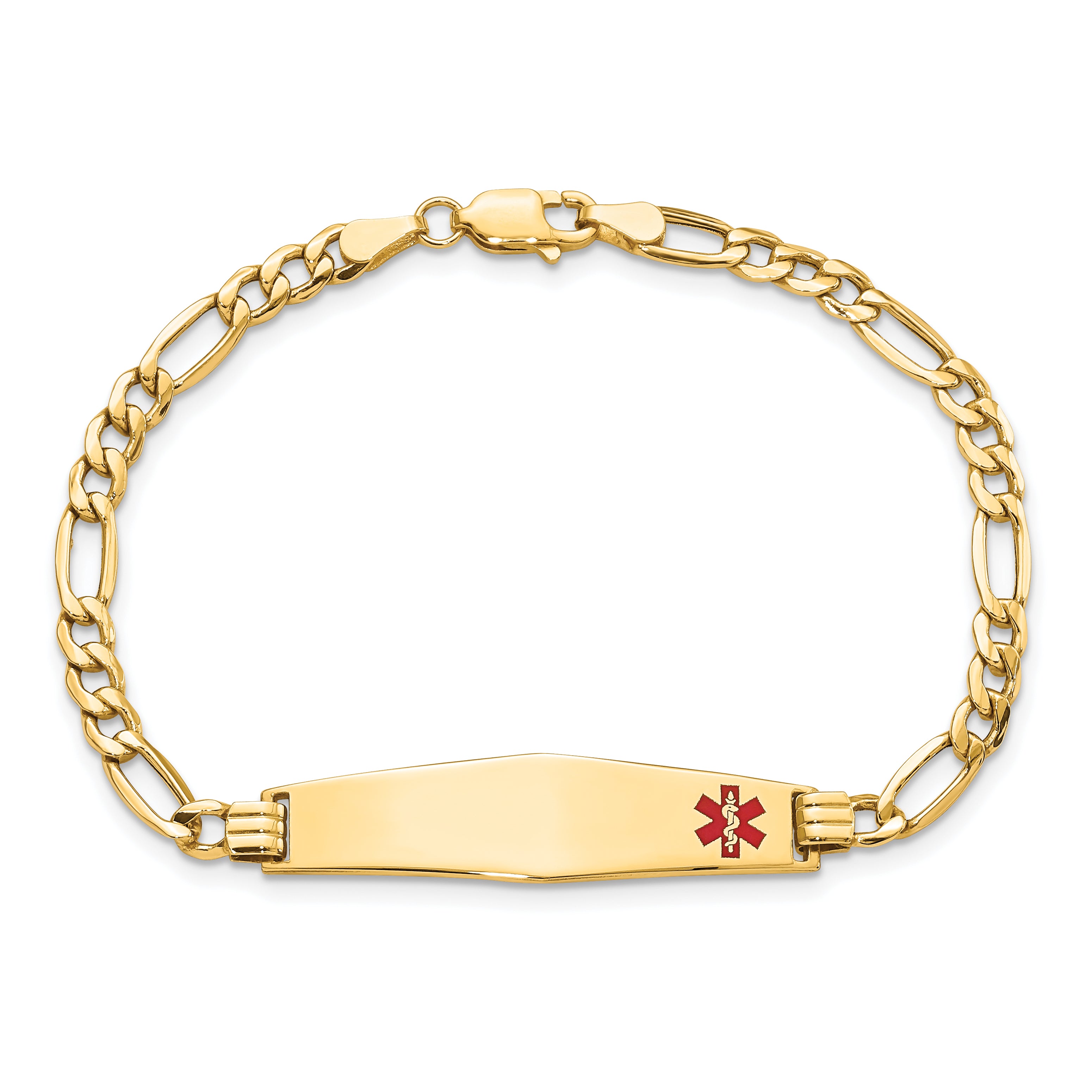 14K Yellow Gold Medical Semi Solid Chain/Solid Plate Soft Diamond Shape 34X8mm Off Center Red Enamel Figaro Link 7 Inch Id Bracelet