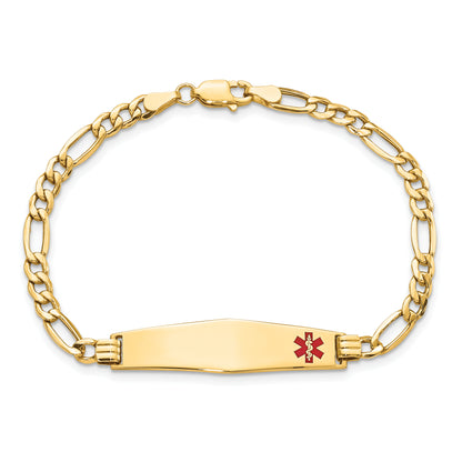 14K Yellow Gold Medical Semi Solid Chain/Solid Plate Soft Diamond Shape 34X8mm Off Center Red Enamel Figaro Link 7 Inch Id Bracelet