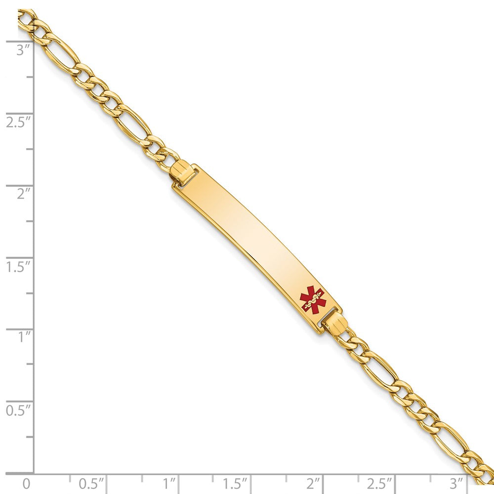 14K Yellow Gold Medical Semi Solid Chain/Solid Plate 35X6mm Off Center Red Enamel Figaro Link 8 Inch Id Bracelet