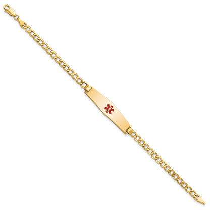 14K Yellow Gold Medical Semi Solid Chain/Solid Plate Soft Diamond Shape 33X8mm Centered Red Enamel Curb Link 7 Inch Id Bracelet