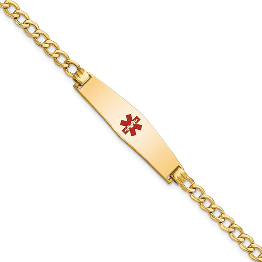14K Yellow Gold Medical Semi Solid Chain/Solid Plate Soft Diamond Shape 33X8mm Centered Red Enamel Curb Link 7 Inch Id Bracelet